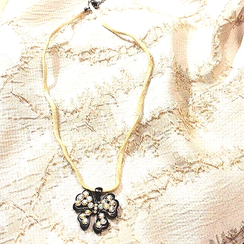 Vintage Butterfly Necklace Iridescent Crystal Beads Boho Leather Aurora Borealis